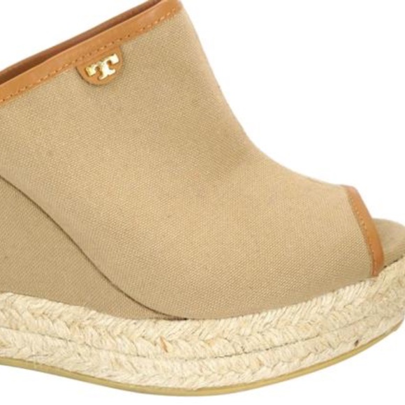 Tory Burch Canvas Slip-On Wedge Mule Tan/Royal - Picture 2 of 8